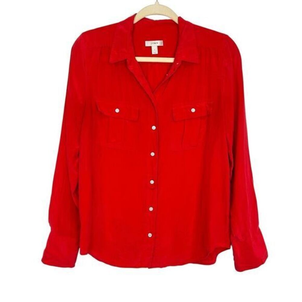 J. Crew 100% Silk Button Down Shirt Orange Red Womens Size 6 Long Sleeve Collar